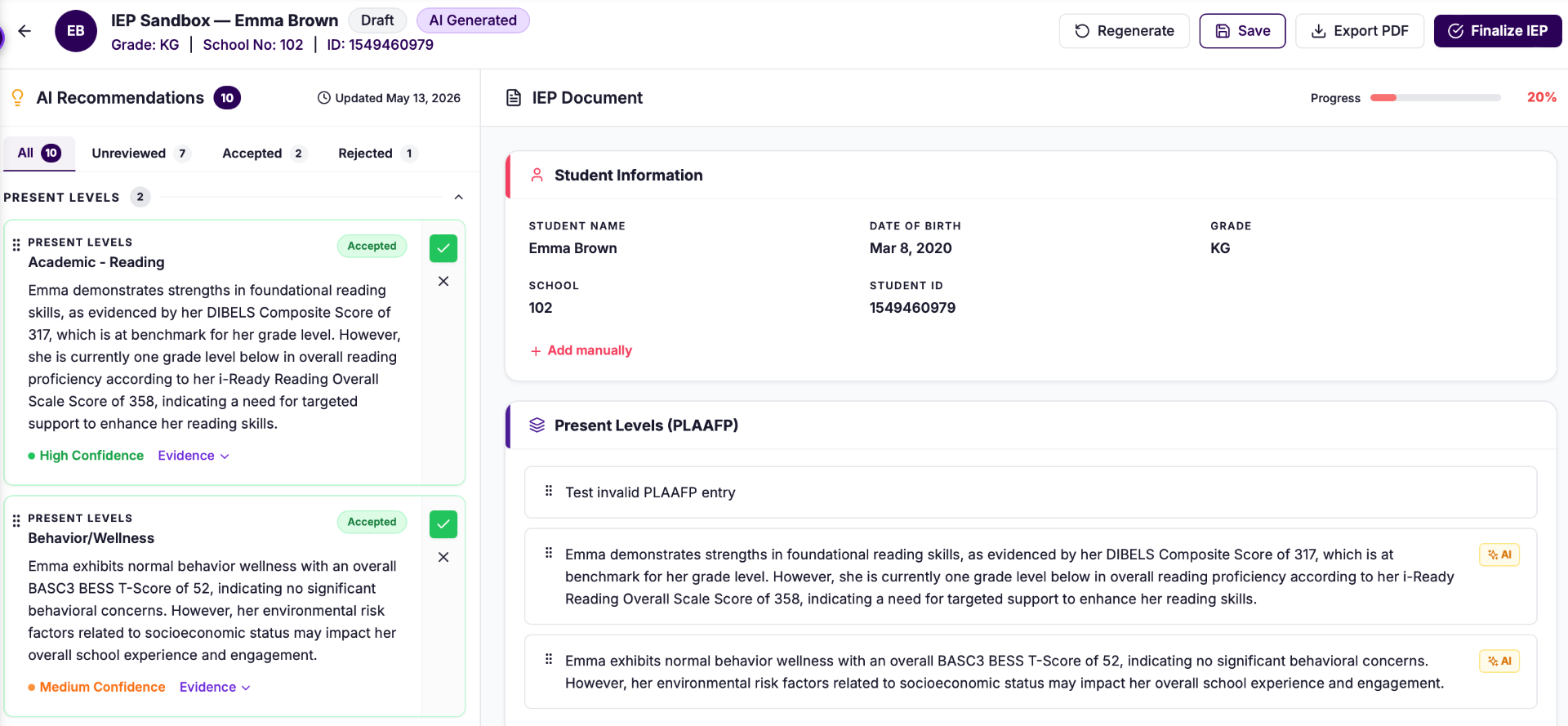 Parthion IEP Sandbox with AI Recommendations panel on the left and live educator-led IEP Document on the right