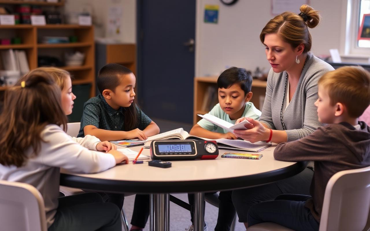 Interventionist working with a small group of students at a table