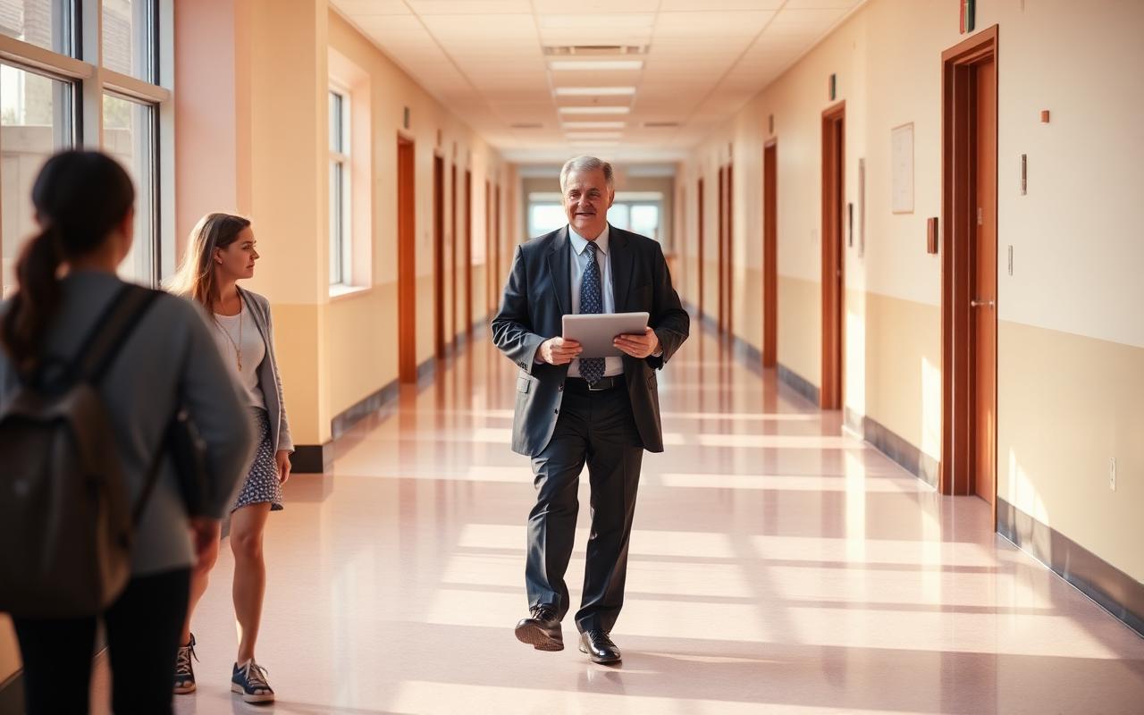 Principal walking a school hallway with a tablet, greeting students