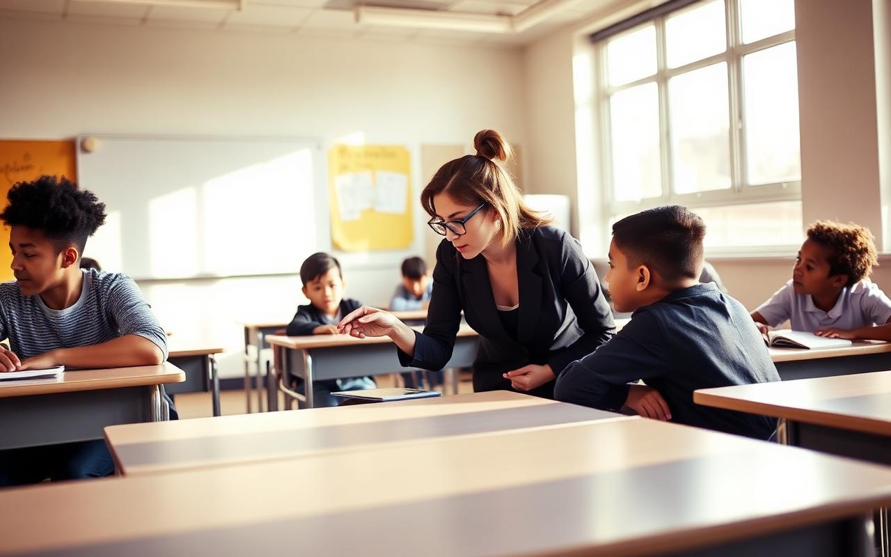 Teacher helping students at their desks in a classroom